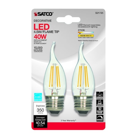 Satco Satco CA10 (Flame Tip) E26 (Medium) LED Bulb Warm White 40 Watt Equivalence 2 pk S21725